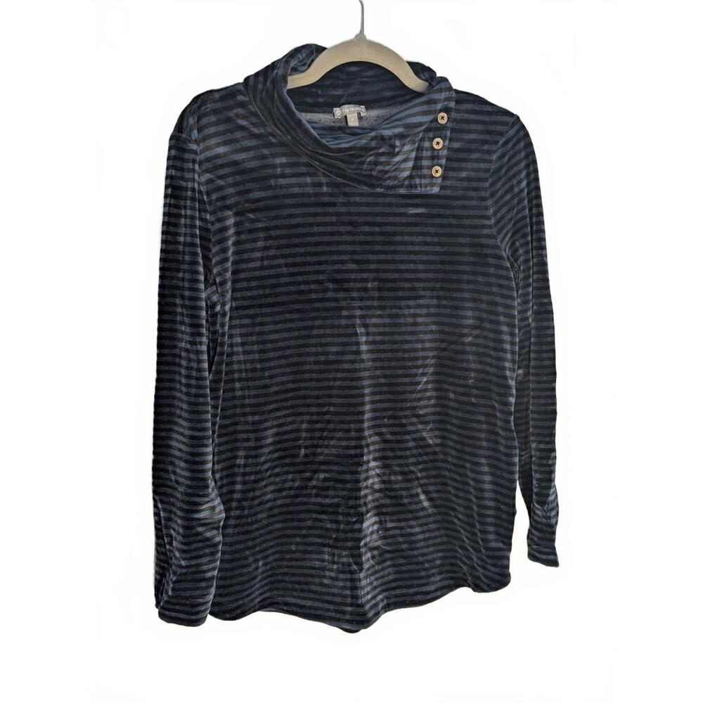 T by Talbots Women's Long Sleeve Stripe Velour Sweater Button Detail